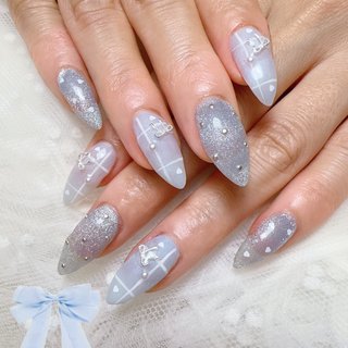 チェック/リボン/水色のネイルデザイン｜ネイルブック