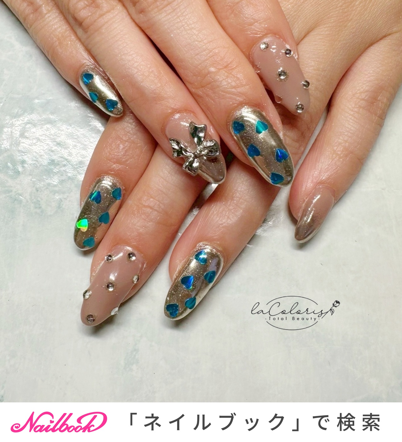 オーダーページ】ネイルチップネイビーゴールドリボンハート