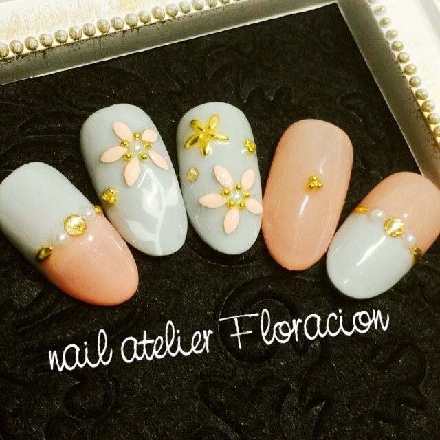 オールシーズン フラワー バイカラー ピンク グレー Nail Atelier Floracionのネイルデザイン No ネイル ブック