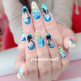 No155ジェルネイルチップ☆付け爪〜ヤシの木☆ピンク×ブラック☆夏