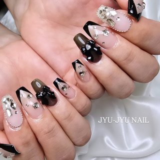 64))フレンチガーリー リボンネイル ブラック ストーンネイル 派手