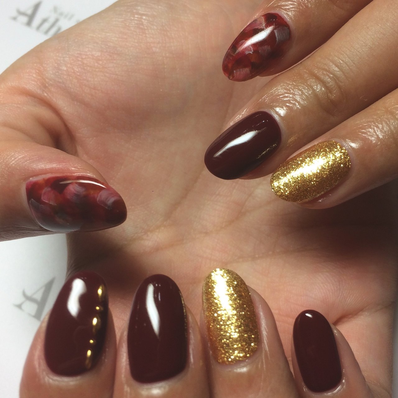 秋 ハンド ボルドー ゴールド アースカラー Nailsalon Athenaのネイルデザイン No ネイルブック