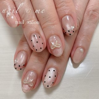 ネイルチップ フレンチガーリー マグネット リボン ドット ビジュー