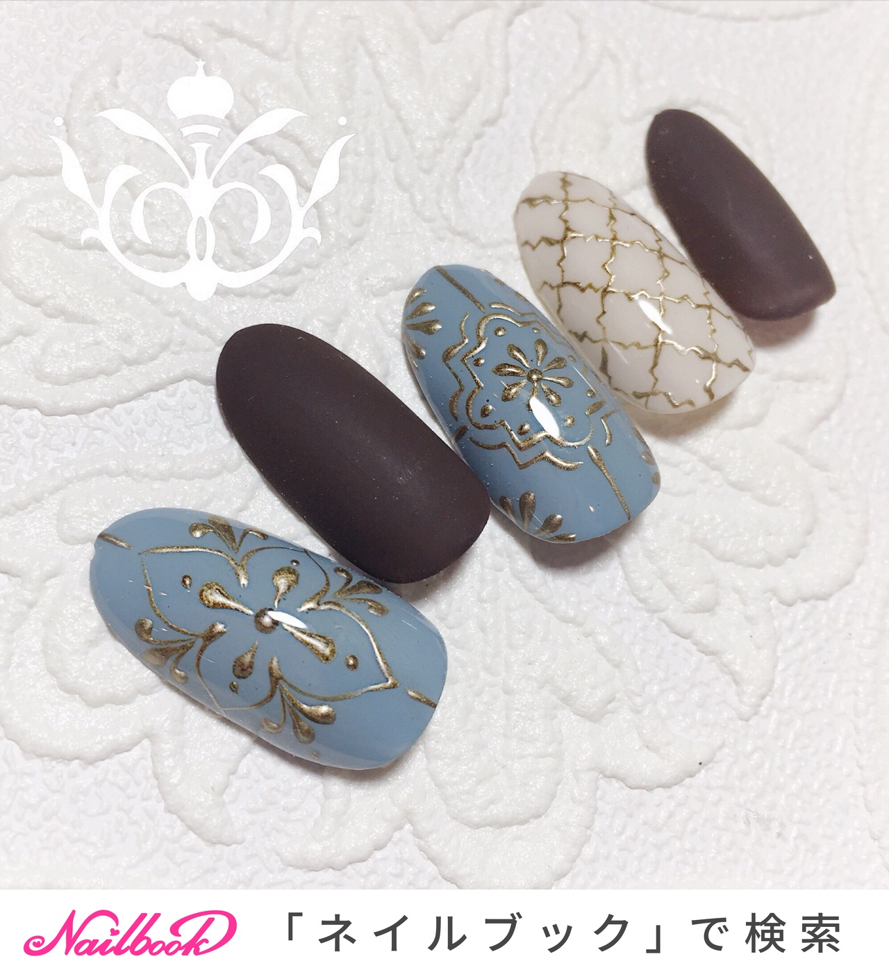 冬 ハンド エスニック レトロ ブルー Nail Salon Lowe Tat岡山店 のネイルデザイン No ネイルブック