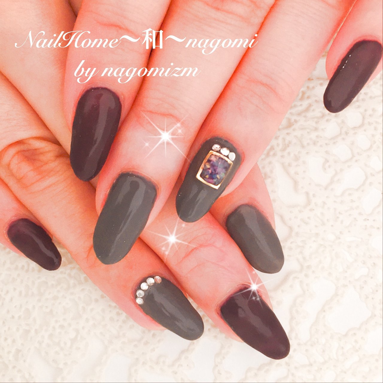 秋 ハンド ビジュー ミディアム ボルドー Waka Nagomizmのネイルデザイン No ネイルブック