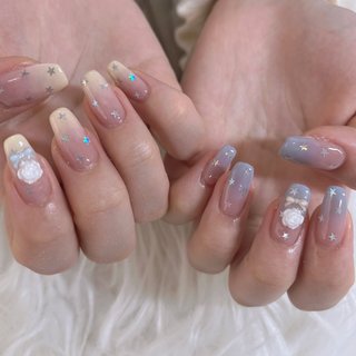 54))リボンネイル ブルーネイル バレエコア ネイルチップ フレンチ