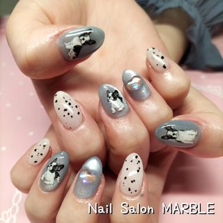 ネイルチップ 落書きネイル ハート 犬 いぬ 韓国 ニュアンス シルバー