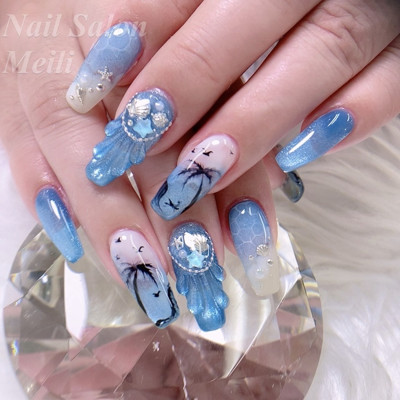 オールシーズン/ハンド/ミディアム/ホワイト/水色 - NAIL SALON MEILI