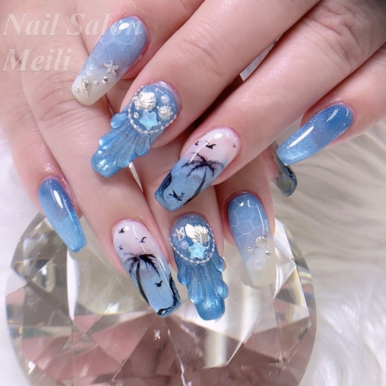 オールシーズン/ハンド/ミディアム/ホワイト/水色 - NAIL SALON MEILI