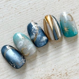【オーダー】ネイルチップ　ネイビー　ゴールド　リボン　ハート 現品 ネイルチップ リボン ネイビー 淡色ネイル ゴールド - メルカリ