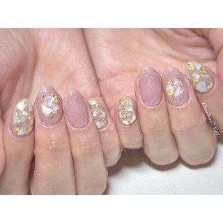 くすみピンクシェル埋めつくしニュアンスネイル 韓国 クリスマス 成人