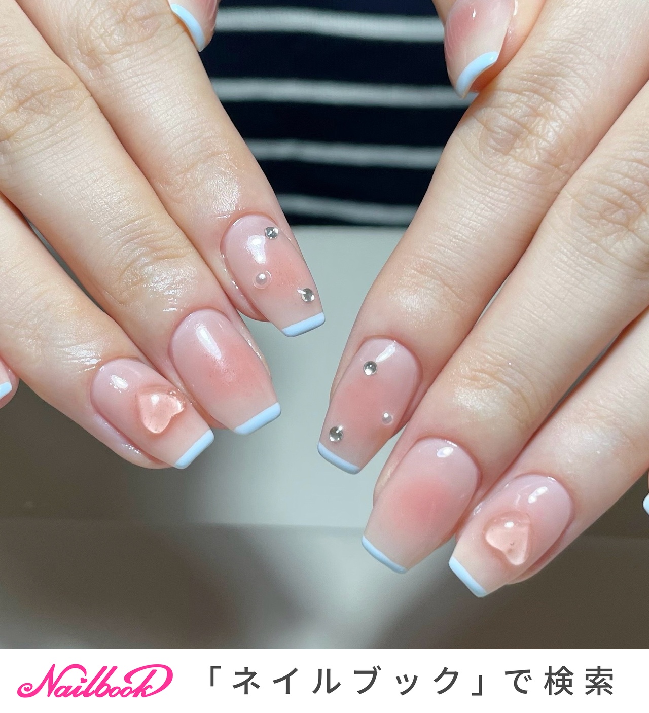 40))ネイルチップ フレンチガーリー ブルー ハートネイル 夏 バレンタイン 40))ネイルチップ フレンチガーリー ブルー ハートネイル 夏