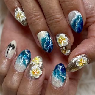 #お客様 #夏 #プルメリア #プルメリアネイル #海 #海ネイル #ヤシの木 # #夏 #海 #リゾート #浴衣 #ハンド #トロピカル #ボタニカル #ぷっくり #キラキラ #nail_leam3 #ネイルブック