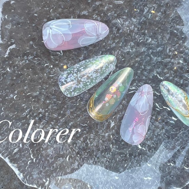 超美品★ネイルテーブル★一度しか使用してないので凄く綺麗な状態です！ 2025最新】 透け感が涼しげで夏っぽ♡シフォンフラワーネイル