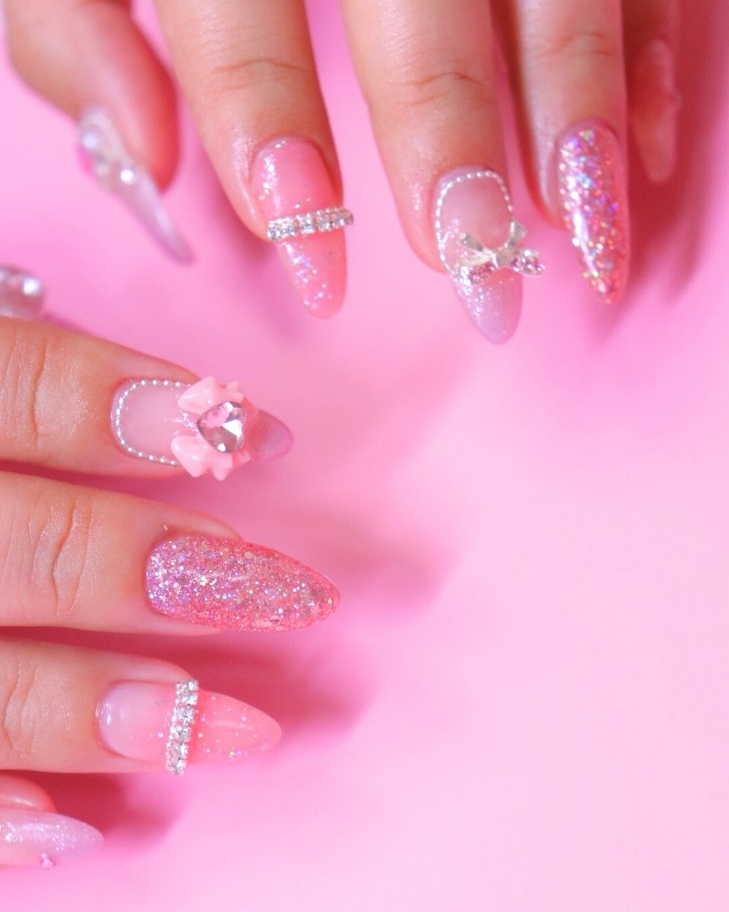 ♡ハートとリボンのキラキラネイル♡ ネイルチップ ハンドメイド ♡ハートとリボンのキラキラネイル♡ ネイルチップ ハンドメイド