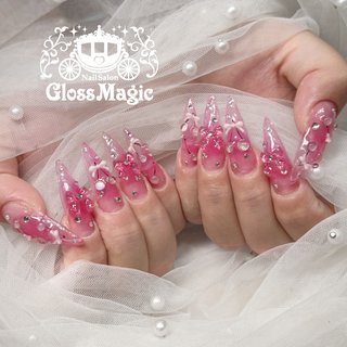 ネイルチップ ワンホン チーク クリアリボン ビジュー ネイルケア