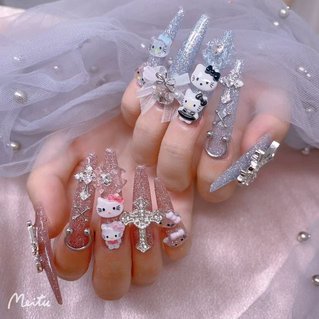 ネイルチップ 量産型 マグネット ラメ 水色 キルティング リボン 148