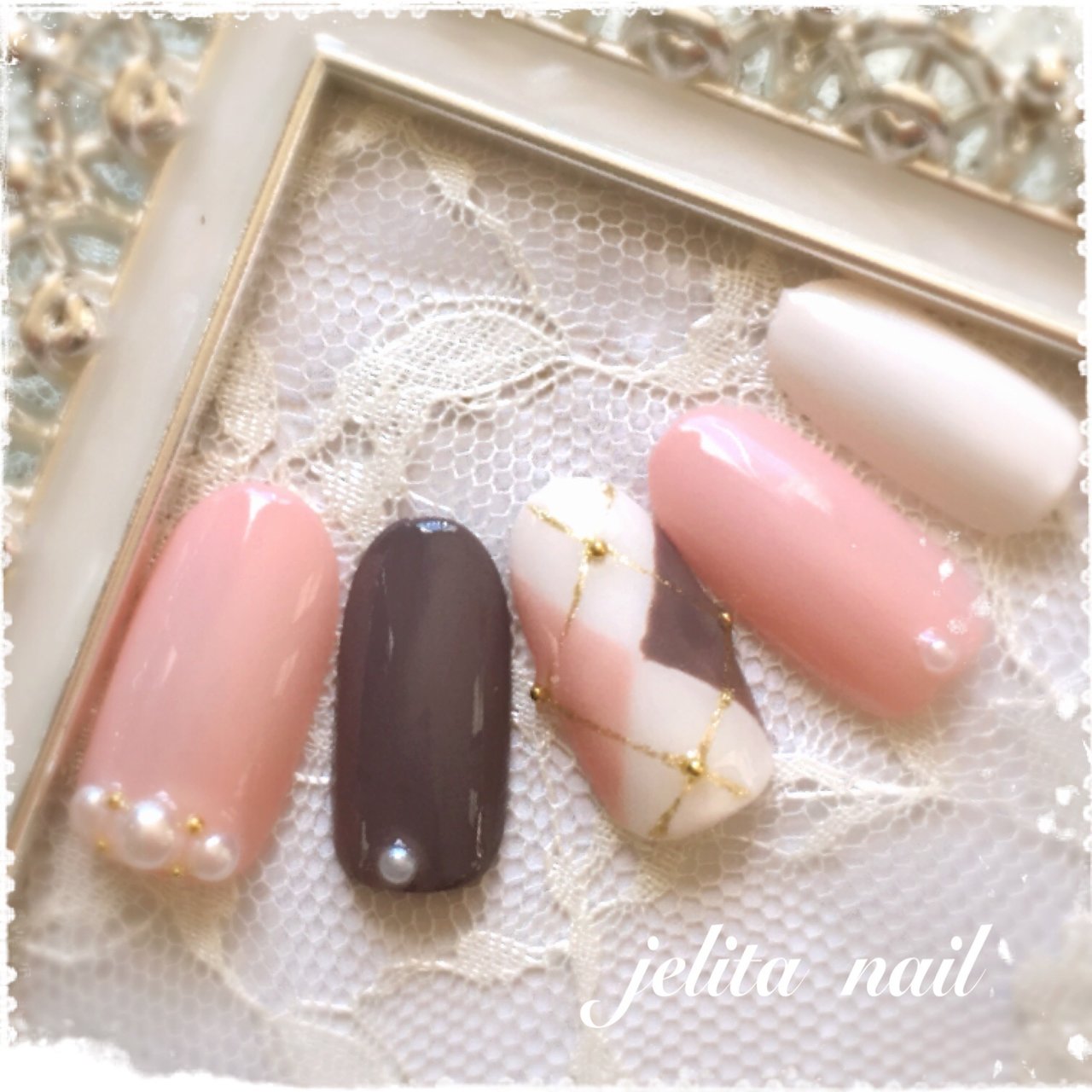 冬 チェック アーガイル ピンク アースカラー Jelita Nail 麻生理香子のネイルデザイン No ネイルブック