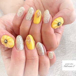 サイズオーダーネイルチップ 夏 ひまわり ぷっくり フラワー イエロー ニュアン サイズオーダーネイルチップ 夏 ひまわり ぷっくり フラワー