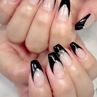 ［07］ネイルチップ フレンチネイル ブラック ミラーフレンチ オーダー 07］ネイルチップ フレンチネイル ブラック ミラーフレンチ