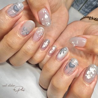 no.036ニュアンスチェックリボン ネイルチップ 水色 サイズオーダー 1_c976ceb826f09bc20ffa151f66da