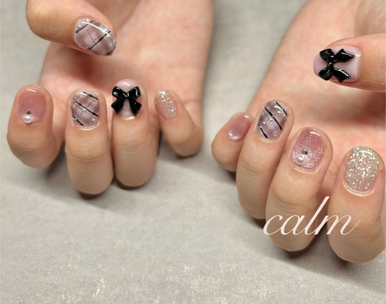 リボンネイル マグネットネイル チェックネイル チェック/リボン