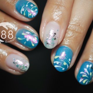 夏/浴衣/フット/フラッシュ/キラキラ - kajinailのネイル