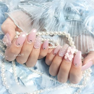 【オーダー】ネイルチップ　パール　ピクシー　ブルー　リボン 2025年】新着順｜リボン/#ピクシーネイルのネイルデザイン｜ネイル