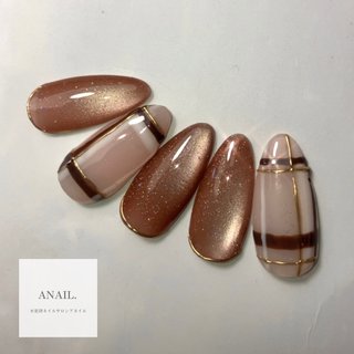 秋/フレンチ/マグネット/キラキラ/ブラウン - Lelienのネイルデザイン