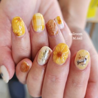 40］ネイルチップ マグネット 秋ネイル フラワー ホログラム オレンジ