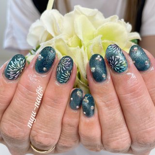 オーダー専】 浴衣 花柄 ネイルチップ 水色 淡色 青 ブルー 蝶々