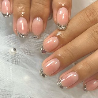 ネイルチップ ワンホン ガラスフレンチ ビジュー 695b319befb0db4e72bb7a3ac7a6af