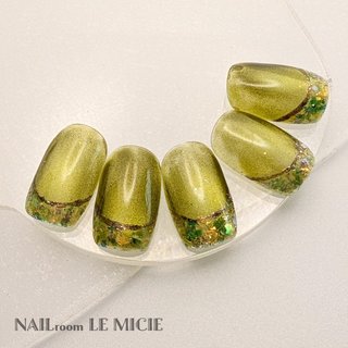 39］ネイルチップ マグネットネイル フレンチ 秋ネイル グリーン