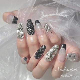 ネイルチップ/キルティング/リボン/フレンチネイル/ブラック/ベージュ