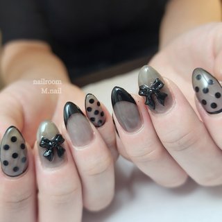 No.019】ネイルチップ♡千鳥柄ネイル♡黒フレンチ【ロング料込】 【No