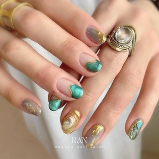 39］ネイルチップ マグネットネイル フレンチ 秋ネイル グリーン