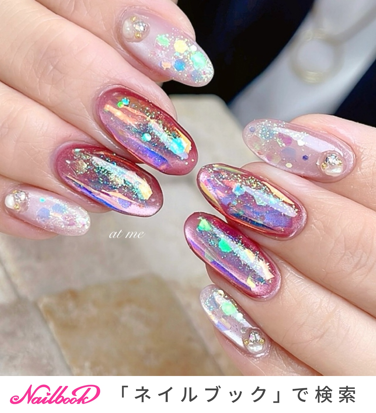 【現品】リボンネイル　ぷっくりネイル　オーロラネイル　ニュアンスネイル　ピンク 現品】ぷっくりネイル ピンクネイル リボンネイル ニュアンス