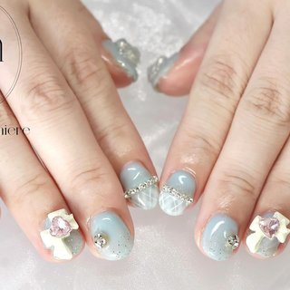 チェック/リボン/水色のネイルデザイン｜ネイルブック