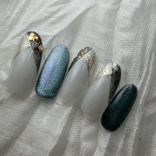 39］ネイルチップ マグネットネイル フレンチ 秋ネイル グリーン