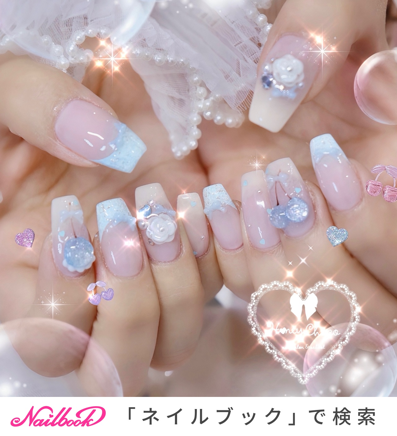 ネイルチップ‪‪♡ブルー 水色フラッシュマグ量産型韓国ワンホンさくらんぼガーリー ワンホン/ブルー/#さくらんぼネイルのネイルデザイン｜ネイルブック