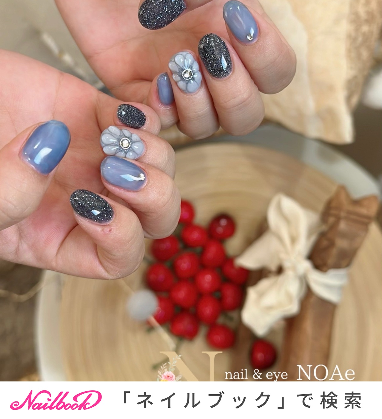 ネイルチップ #02 ブルーグレー マーブル ぷっくりフラワーネイル