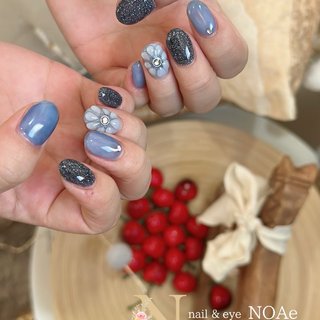 ネイルチップ #02 ブルーグレー マーブル ぷっくりフラワーネイル No