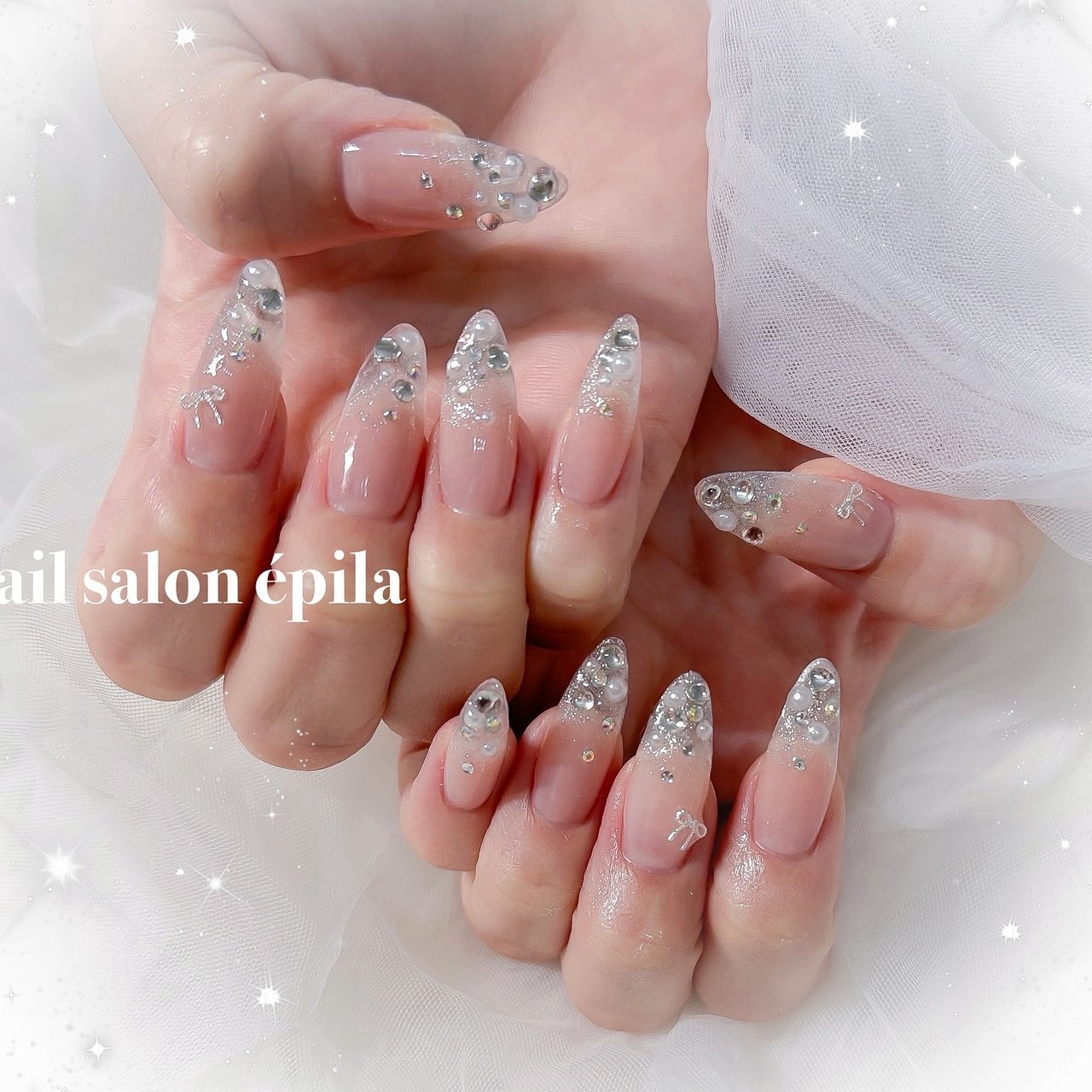 ネイルチップ ワンホン リボン ビジュー グラデ リボン/ワンホン