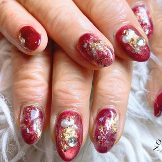 オーダー】ネイルチップ キラキラツイードチェックボルドーマグネット