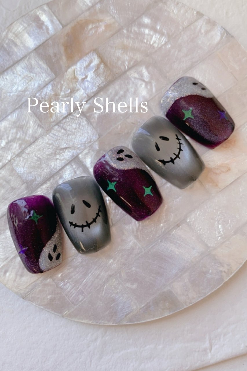 No.340 ネイルチップ ニュアンス キラキラ シェル 秋 星 ハロウィン 白