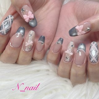 no.036ニュアンスチェックリボン ネイルチップ 水色 サイズオーダー no.036ニュアンスチェックリボン ネイルチップ 水色 サイズオーダー no