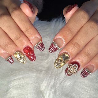 オーダー】ネイルチップ キラキラツイードチェックボルドーマグネット