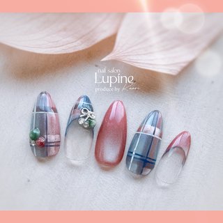 no.036ニュアンスチェックリボン ネイルチップ 水色 サイズオーダー チェック/リボン/水色のネイルデザイン｜ネイルブック