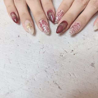 【オーダー】ネイルチップ　キラキラツイードチェックボルドーマグネット韓国ワンホン オーダー】ネイルチップ キラキラツイードチェックボルドーマグネット