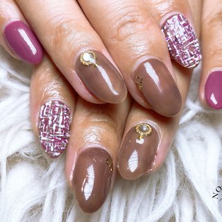 ブラウン　ツイードネイル　ハートネイル　ミラーネイル ツイード×ハートミラーネイル(ブラウン) ネイルチップ（つけ爪